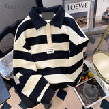 Aidase Vintage Contrast Striped Lapel Shirt Men Women Spring Autumn Hong Kong Style Loose Letter Patch Design Sweatshirt
