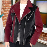 Aidase Fall Men Contrast Color Stitching Faux Leather Jackets Clothing Casual Social Faux Leather Jacket  Winter Coat Men Zipper Jacket