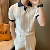 Aidase Spring Summer Fashion Elegant Flip Neck Tees Knitted Casual Versatile Western Commuter Clothing Loose Solid Men's Polo Shirts