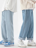 AIDASE  -  New Korean Fashion Men's Casual Ankle-Length Jeans Classic Man Straight Denim Wide-leg Pants Light Blue Grey Black 3XL aidase-shop