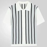 Aidase Men's Business Striped Knitted Polo Shirt Light Luxury Leisure Turn Down Collar Button Short Sleeve Shirts Breathable Knitwear