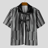AIDASE  -  Men Shirt Striped Patchwork Lapel Short Sleeve Lace Up Men Clothing Summer Loose Streetwear Fashion Casual Tops Men aidase-shop