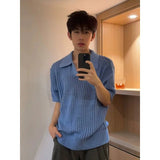 AIDASE  -  Men's Smog Blue Hollow Knit Shirt Japanese Style Simple Loose Short Sleeved T-shirt Summer Lapel Male Top aidase-shop