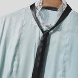AIDASE  -  Men Shirt Lace Patchwork Long Sleeve Stand Collar Men Clothing Tops With Belt Streetwear Fashion Casual Male Shirts aidase-shop
