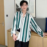 AIDASE  -  Green Striped Shirt Men Long-sleeve Blouse Handsome Hong Kong Style Print Blouse Streetwear Loose Spring Autumn Jacket aidase-shop