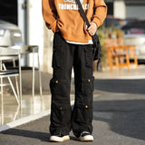 Aidase Men's Multi-pockets Cargo Pants Autumn Vintage Solid Color Hiphop Overalls Baggy Casual High Street Mopping Trousers