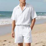 AIDASE  -  Summer Daily Casual Mens Two Pieces Sets Short Sleeve Button-up Lapel Shirt And Shorts Beach Outfits Men Solid Color Suits aidase-shop