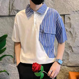 Aidase Fashion Stripe Patchwork Polo Shirts For Men Short sleeve Tee Tops Summer Trendy Contrast Color  Fake Two Polos Tshirts Clothing