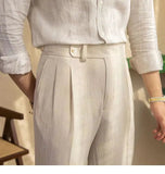 AIDASE  -  Seersucker Naples Suit Trousers Mens British Stylish High-waisted Belt Design Straight Pants Summer Slim Business Casual Pants aidase-shop