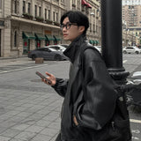 Aidase American Casual Trendy PU Leather Men's Jacket Autumn New Loose Solid Color Stand Collar Male Tops Korea Fashion aidase-shop