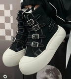 AIDASE  -  Fashion Women Buckle Strap Canvas Shoes High Top Thick Sole Height Increasing Short Ankle Boots Black Beige Autumn Sneakers aidase-shop
