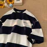 Aidase Trendy Loose Fitting Short Sleeved Men and Women Summer American Retro Striped Round Neck T-shirt Couple Casual Top Harajuku aidase-shop