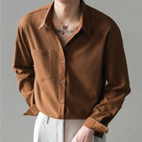 Aidase Men's Luxury Clothing Leisure Turn Down Collar Texture Shirts Vintage Button-down Solid Color Long Sleeve Popular Clothes M-3XL