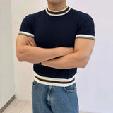 AIDASE  -  Light Luxury Ice Silk Knitted Contrast Color Round Neck Pullover Men's T-shirt Business Gentleman Male Tops aidase-shop