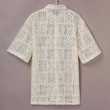 AIDASE  -  Mens Simple Fashion Sexy Flower Lace Button Short Sleeve Shirt Top Shirt Chest Pocket Men'S Autumn Shirt roupas masculinas aidase-shop