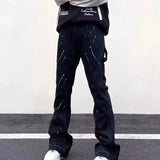 AIDASE  -  American High Street Splashed Denim Micro Flared Jeans Unisex Vintage Slimming Loose Straight Leg Casual Trousers aidase-shop