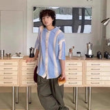 AIDASE  -  American Hollow Out Men's Shirt Contrast Color Retro Striped Top Summer Casual Fashion Male Short Sleeved Top