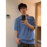 AIDASE  -  Men's Smog Blue Hollow Knit Shirt Japanese Style Simple Loose Short Sleeved T-shirt Summer Lapel Male Top aidase-shop