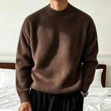 AIDASE  -  Men's Solid Color Knitwear Sweater Spring Autumn Casual Fashion Ribbed Texture Long Sleeve Loose Crew Neck Knit Pullover Sweater aidase-shop
