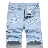 AIDASE  -  Men Fringe Patch Ripped Denim Shorts Summer Patchwork Jeans Casual Loose Straight Knee Length Breeches