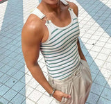 =Aidase Tops American Style Men's Horizontal Stripe Blue&White Strap Buckle Design Vests Casual Men's Sports Knit Waistcoat aidase-shop