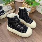 AIDASE  -  Fashion Women Buckle Strap Canvas Shoes High Top Thick Sole Height Increasing Short Ankle Boots Black Beige Autumn Sneakers aidase-shop