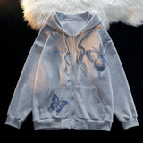 Aidase American Retro Embroidered Butterfly Cardigan Zipper Thin Jacket Men Women Loose Lazy Style Hooded Plus Velvet Trendy Sweatshirt aidase-shop