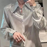 AIDASE  -  Summer Thin Korean Smooth Shirts Men Clothing Solid Lapel Single Breasted Streetwear Fashion Loose Long Sleeve Tops aidase-shop