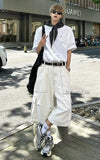 Aidase Men Adjustable Low Waist White Baggy Jorts Plain Pintuck Cargo Pockets Casual Wide Denim Shorts Pants Summer Trousers