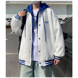 Aidase Men&Women Hooded Jacket Ins Hip Hop Waffle Fake Two-piece Windproof Streetwear Unisex Baseball Uniform Youth Male Bomber Jacket