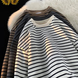 AIDASE  -  Men's Tri-color Striped Sweatshirt American Classic Style Retro Casual Round Neck Top Unisex College Style Trendy Menswear aidase-shop