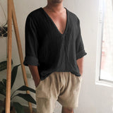 Aidase Spring Summer Mens V Neck Cotton Linen T-shirt Loose Solid Long Sleeve Pullovers Tops Fashion Casual Clothing Streetwear