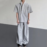 AIDASE  -  Simple Men's Two-piece Shawl Collar Short Sleeved Shoulder Pads Short Sleeved T-shirts Drawstring Loose Male Pants 9W3272 aidase-shop