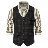 AIDASE  -  Stylish Plaid Woolen Mens Vest Jacket Vintage V Neck Button-up Sleeveless Waistcoats Spring Autumn Men Casual Outerwear aidase-shop