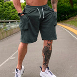 AIDASE  -  Big Mens Cargo Shorts Mens Summer Solid Color Lace Up Pocket Sports Fitness Casual Fashion Shorts Pants Pottery Slipper aidase-shop