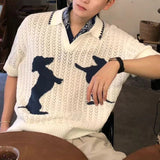 AIDASE  -  American Casual Hollow out Dog Embroidery Polo Knitted Shirt Short Sleeve T Shirt Couple Summer Breathable Top Polyester Fabric aidase-shop