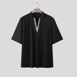 AIDASE  -  Men Shirt Lapel Short Sleeve Patchwork Lace Up Casual Men Clothing Streetwear Korean Style Summer Fashion Male Tops aidase-shop