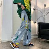 AIDASE  -  Splash Ink Men Baggy Jeans Y2k Denim Trousers Japanese Vintage Doodle Straight Drawstring Jeans Cargo Pants Gothic Streetwear aidase-shop