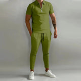 AIDASE  -  Fashion Striped Print Mens Tracksuits Spring Summer Short Sleeve Lapel Zipper Tops and Pants Two Piece Sets Men Sports Clothing aidase-shop