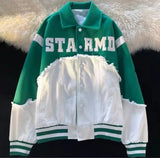 AIDASE  -  American Patchwork Lapel Baseball Coats Men's Green Blue Single Breasted Denim Jacket Campus Couples Retro Loose Street Outwear aidase-shop