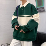 AIDASE  -  Lapel Long Sleeved Men's Sports Shirt Contrasting Color Splicing Male Pullover Shirt Loose American Retro Top aidase-shop