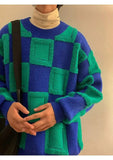 Winter Korean Fashion Mens Pullovers Checkerboard Plaid Sweater Thick Warm Cashmere Sweater Men Luxury Patchwork Pull Homme aidase-shop