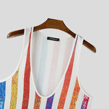 AIDASE  -  Men Tank Tops Deep V Neck Sleeveless Colorful Striped Male Vests Streetwear Summer Breathable 2025 Fashion Men Clothing aidase-shop