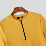 AIDASE  -  Men T Shirt Knitted Solid Color Zipper O-neck Short Sleeve Male Tee Tops Streetwear 2025 Fashion Casual Men Clothing aidase-shop