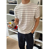 AIDASE  -  Men Crew Neck Striped Knit Short Sleeve T Shirt Loose Old Money Style Breathable Casual Summer Basic Top aidase-shop