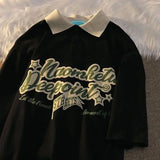 26.78Aidase American Retro Personalized Design Letter Print Polo Short Sleeved Men and Women Loose Summer Student Couple Casual Y2k Top aidase-shop