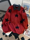 AIDASE  -  American Red Star Print Y2K Sweaters Women Patchwork Knitted Jumpers Tops Loose Female Design Turn Down Collar Pullovers Tops aidase-shop