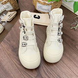 AIDASE  -  Fashion Women Buckle Strap Canvas Shoes High Top Thick Sole Height Increasing Short Ankle Boots Black Beige Autumn Sneakers aidase-shop