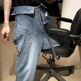 Aidase Men's Pants Fake Two Piece Jeans American High Street Straight Design Strap Vintage Male Trousers Design