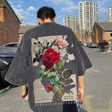 Aidase Washed Rose Print T-shirt Retro Fashion Five-quarter Sleeve Loose Casual Short-sleeved Men's and Women's Tops aidase-shop
